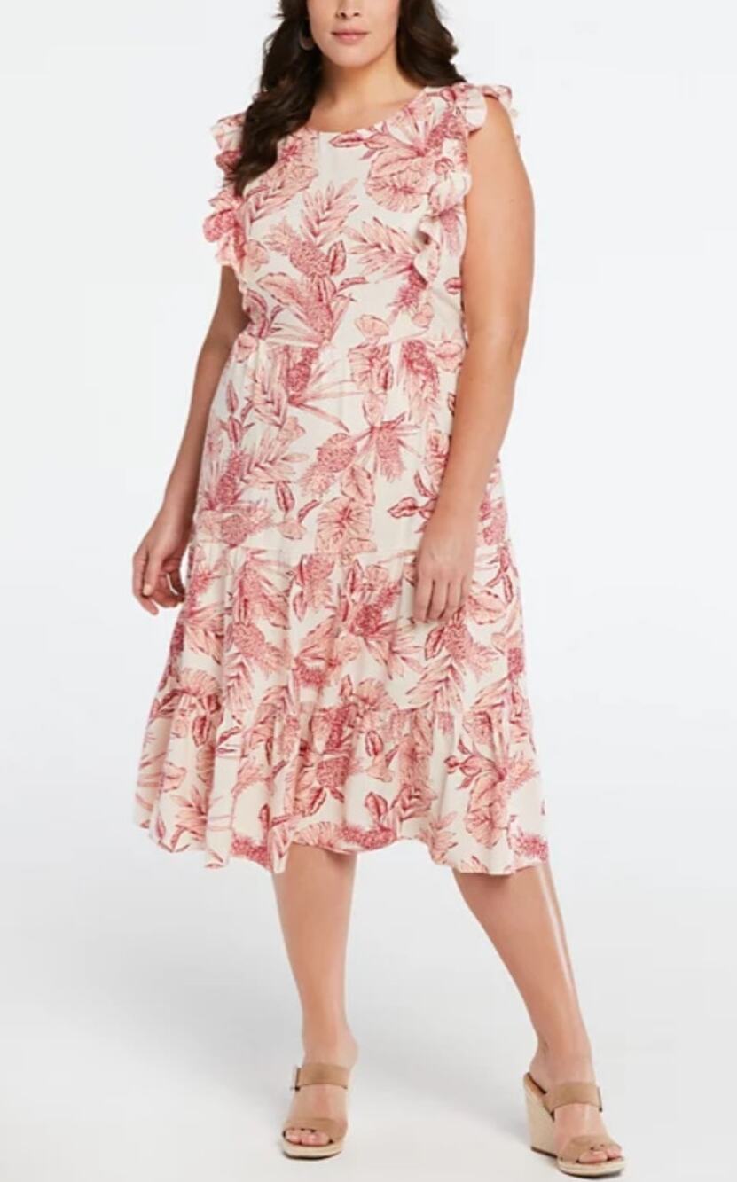 ELLA RAFAELLA WOMENS PLUS SIZE 1X LINEN BLEND MIDI DRESS PEACH BLUSH